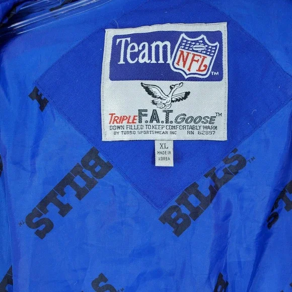 FLAWS** Vintage 90s Buffalo Bills NFL Jacket XL Parka Triple FAT‎ Goose Blue Red